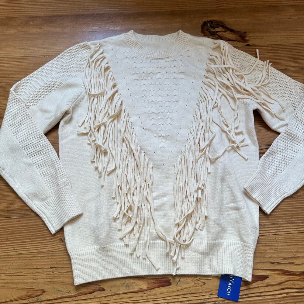 NWT cream western fringe knit crew sweater SIZE M